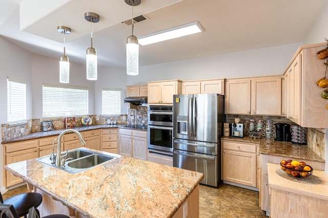 2322 E Revere Rd, Fresno, CA 93720 - kitchen featuring stainless steel appliances, light brown cabinetry, and tasteful backsplash