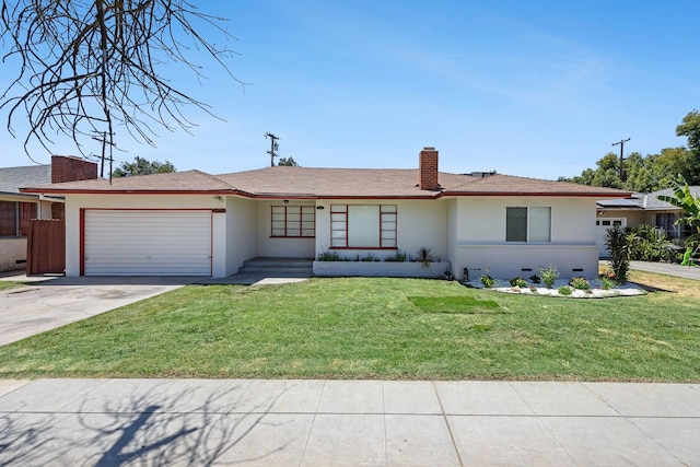 3677 N Thesta St, Fresno, CA 93726 - ranch-style house featuring an attached garage, a front yard, a chimney, driveway, and stucco siding