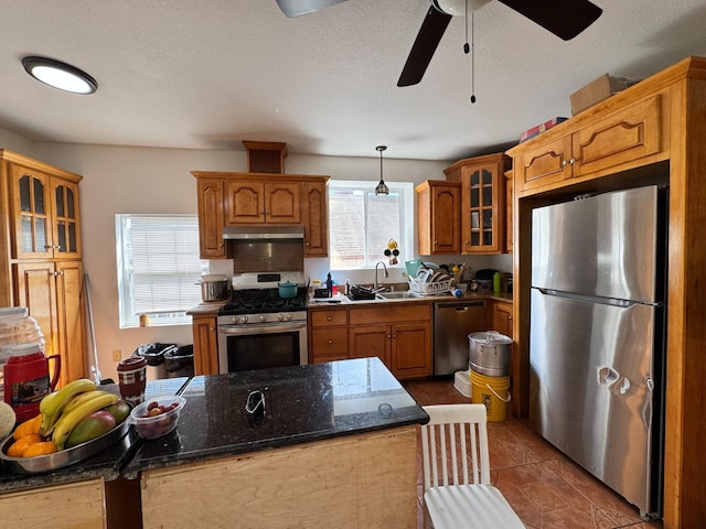 1925 E 15th, Oakland, CA 94606 - kitchen with appliances with stainless steel finishes, under cabinet range hood, glass insert cabinets, pendant lighting, and brown cabinets