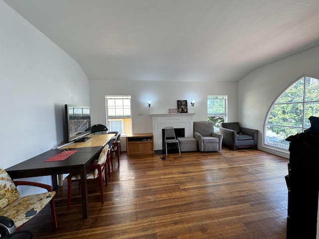 1925 E 15th, Oakland, CA 94606 - living area featuring healthy amount of natural light, a fireplace, dark wood-type flooring, and lofted ceiling