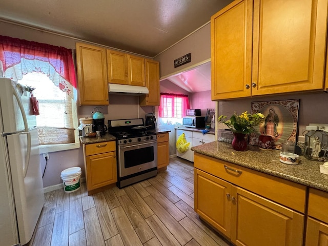 1925 E 15th, Oakland, CA 94606 - kitchen with appliances with stainless steel finishes, under cabinet range hood, light wood-type flooring, stone counters, and lofted ceiling
