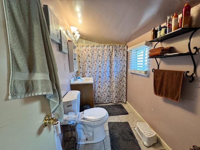 1925 E 15th, Oakland, CA 94606 - full bath with vanity, tile patterned flooring, a shower with shower curtain, and vaulted ceiling