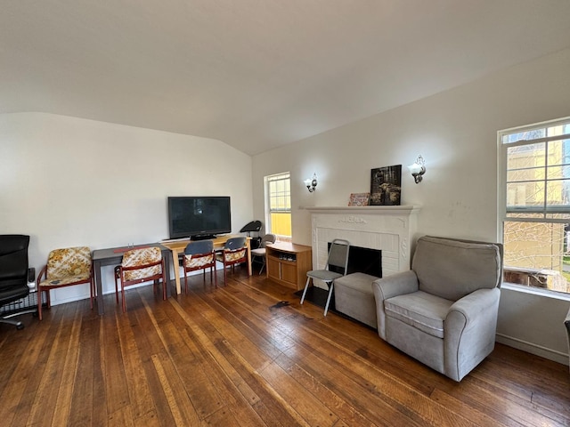 1925 E 15th, Oakland, CA 94606 - living area featuring lofted ceiling, dark wood-style flooring, and a fireplace