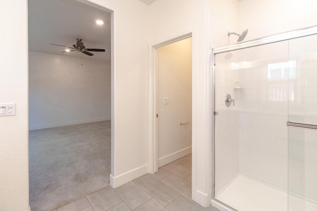 153 N Bliss Ave, Fresno, CA 93727 - bathroom featuring a shower stall, a ceiling fan, recessed lighting, and tile patterned flooring
