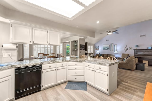 1785 E Portland Ave, Fresno, CA 93720 - kitchen with dishwasher, light wood-style flooring, open floor plan, ceiling fan, and white cabinetry