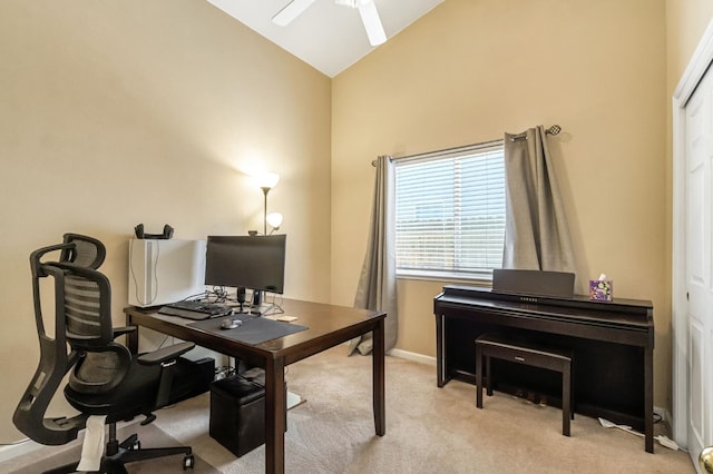 205 N Douglas Ave, Fresno, CA 93727 - home office featuring ceiling fan, light colored carpet, and high vaulted ceiling