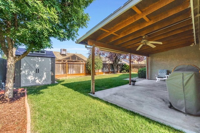 205 N Douglas Ave, Fresno, CA 93727 - fenced backyard featuring a ceiling fan, a patio area, and a shed