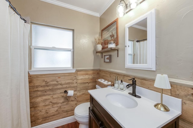3054 E Brown Ave, Fresno, CA 93703 - full bathroom with vanity, ornamental molding, wainscoting, and wood walls