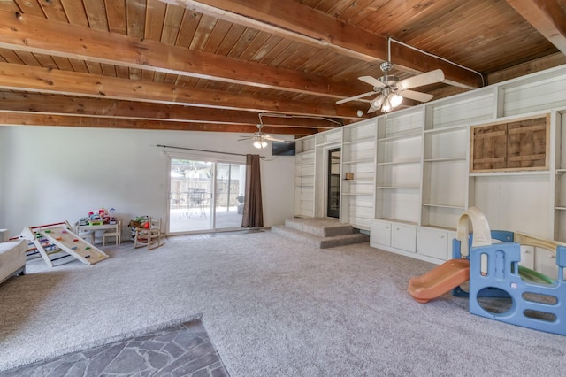 3054 E Brown Ave, Fresno, CA 93703 - game room with carpet floors, ceiling fan, and a wood ceiling with exposed beams