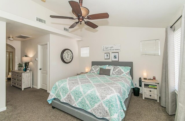 5783 N State St, Fresno, CA 93722 - bedroom with carpet flooring, vaulted ceiling, ceiling fan, and arched walkways