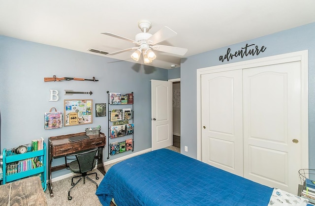 5783 N State St, Fresno, CA 93722 - bedroom featuring a closet, a ceiling fan, and carpet floors