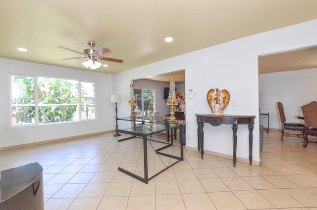 4879 E San Gabriel Ave, Fresno, CA 93726 - dining room featuring recessed lighting, a ceiling fan, and light tile patterned floors