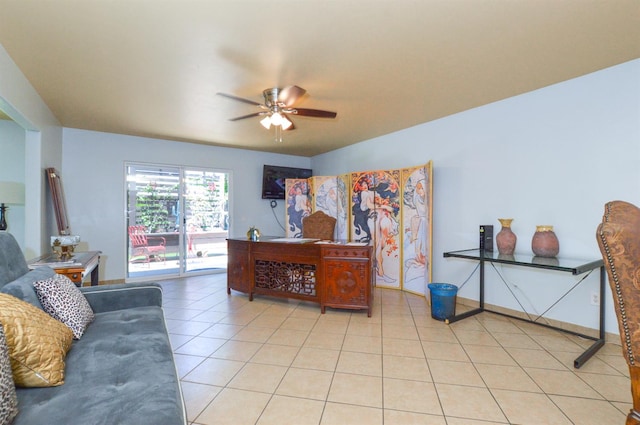 4879 E San Gabriel Ave, Fresno, CA 93726 - bedroom featuring access to outside, light tile patterned floors, and ceiling fan
