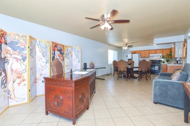 4879 E San Gabriel Ave, Fresno, CA 93726 - living room with ceiling fan and light tile patterned flooring