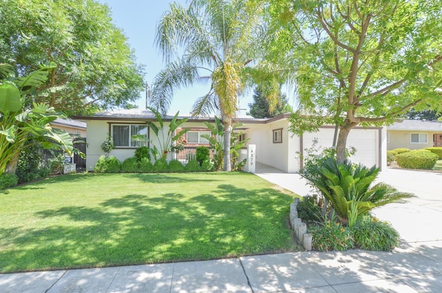 4879 E San Gabriel Ave, Fresno, CA 93726 - ranch-style house with stucco siding, concrete driveway, an attached garage, and a front lawn