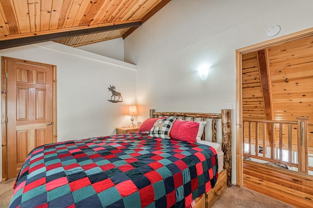 41798 Saddleback Rd, Shaver Lake, CA 93664 - bedroom with carpet floors, wood ceiling, and high vaulted ceiling