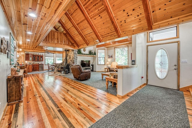 41798 Saddleback Rd, Shaver Lake, CA 93664 - foyer featuring hardwood / wood-style floors, a wood ceiling with exposed beams, and high vaulted ceiling