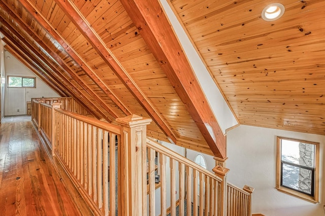 41798 Saddleback Rd, Shaver Lake, CA 93664 - hallway featuring wooden ceiling, an upstairs landing, and wood finished floors