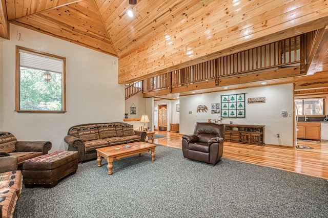 41798 Saddleback Rd, Shaver Lake, CA 93664 - carpeted living area with high vaulted ceiling, healthy amount of natural light, wood ceiling, and recessed lighting
