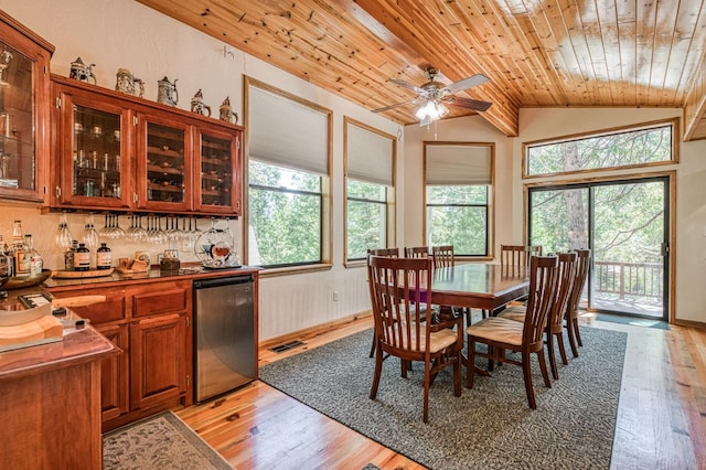 41798 Saddleback Rd, Shaver Lake, CA 93664 - dining area with healthy amount of natural light, light wood-style floors, wood ceiling, and vaulted ceiling