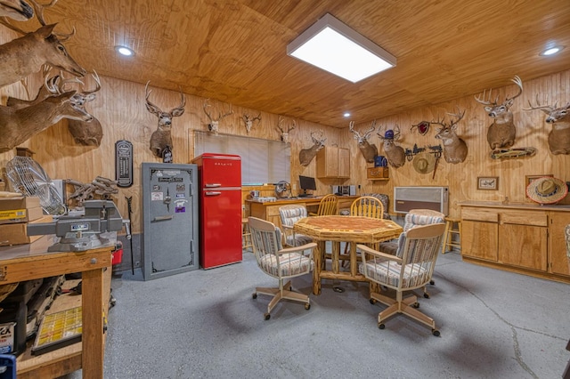 41798 Saddleback Rd, Shaver Lake, CA 93664 - dining room with wood ceiling, wooden walls, and recessed lighting