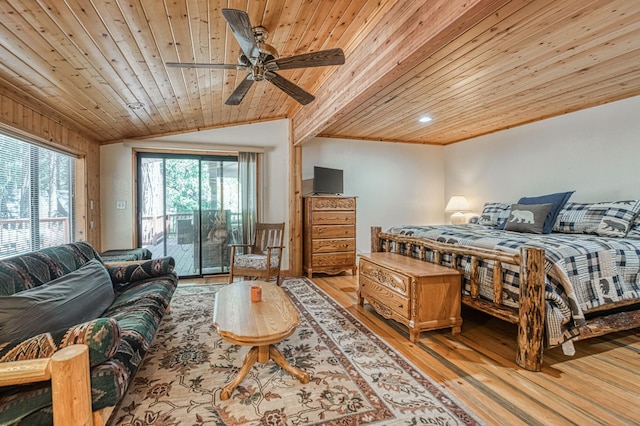 41798 Saddleback Rd, Shaver Lake, CA 93664 - bedroom featuring wood ceiling, access to outside, light wood-style floors, vaulted ceiling, and a ceiling fan