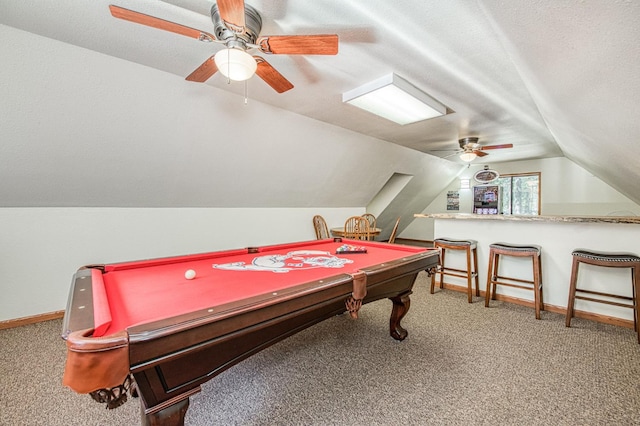 41798 Saddleback Rd, Shaver Lake, CA 93664 - recreation room featuring carpet flooring, a ceiling fan, billiards, and vaulted ceiling
