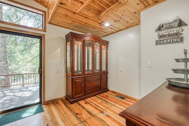 41798 Saddleback Rd, Shaver Lake, CA 93664 - foyer entrance with wood ceiling and light wood-style flooring