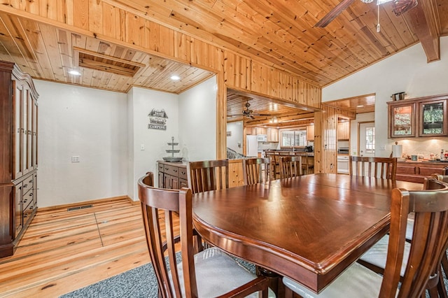 41798 Saddleback Rd, Shaver Lake, CA 93664 - dining area featuring ceiling fan, wooden ceiling, light wood finished floors, and lofted ceiling