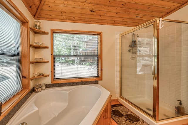 41798 Saddleback Rd, Shaver Lake, CA 93664 - full bath featuring wood ceiling, a shower stall, and a garden tub