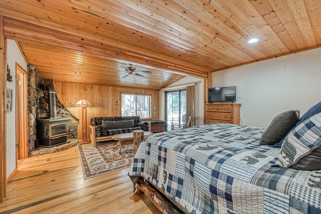 41798 Saddleback Rd, Shaver Lake, CA 93664 - bedroom featuring a wood stove, wood ceiling, light wood-style floors, lofted ceiling, and wood walls