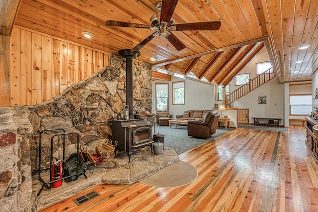 41798 Saddleback Rd, Shaver Lake, CA 93664 - living area featuring a wood stove, wooden ceiling, wood-type flooring, and a ceiling fan