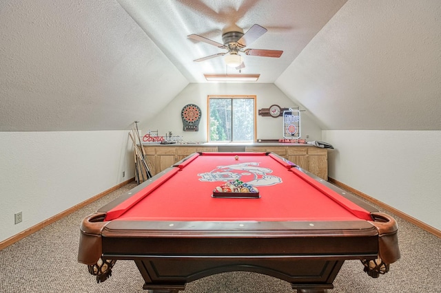 41798 Saddleback Rd, Shaver Lake, CA 93664 - game room featuring carpet floors, a textured ceiling, lofted ceiling, ceiling fan, and billiards