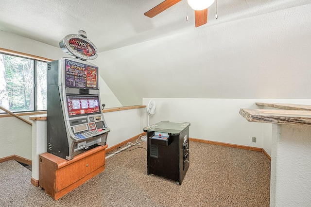 41798 Saddleback Rd, Shaver Lake, CA 93664 - recreation room featuring carpet floors, a ceiling fan, lofted ceiling, and a textured ceiling