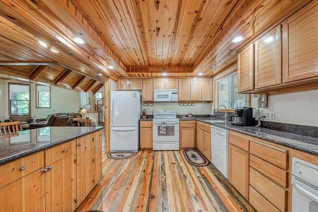 41798 Saddleback Rd, Shaver Lake, CA 93664 - kitchen featuring white appliances, wooden ceiling, light wood-type flooring, open floor plan, and recessed lighting