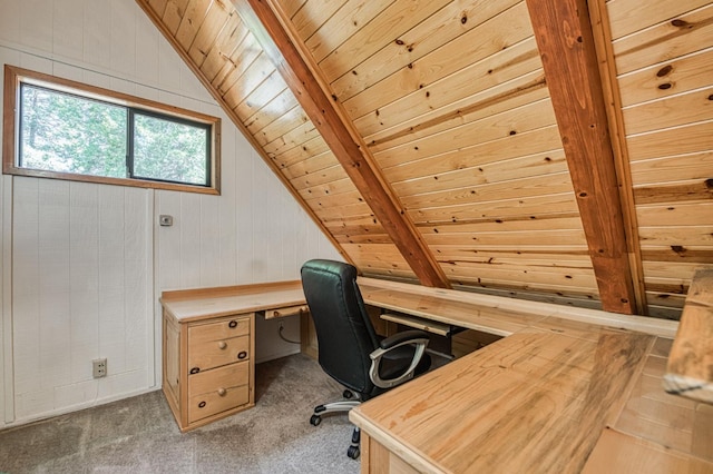 41798 Saddleback Rd, Shaver Lake, CA 93664 - office featuring wood ceiling, wood walls, vaulted ceiling, and carpet flooring