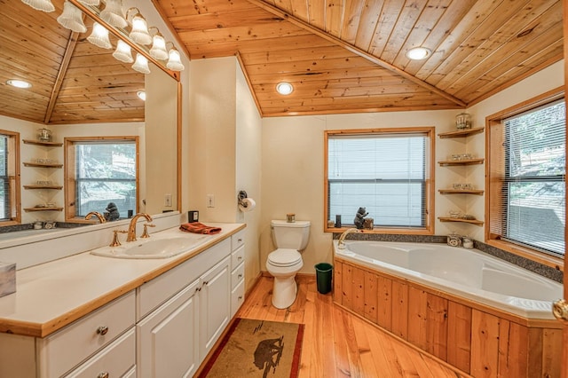 41798 Saddleback Rd, Shaver Lake, CA 93664 - bathroom with wooden ceiling, vaulted ceiling, healthy amount of natural light, a bath, and vanity