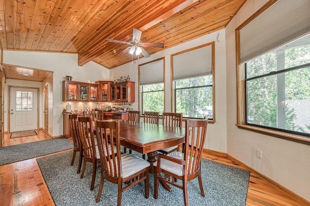 41798 Saddleback Rd, Shaver Lake, CA 93664 - dining area featuring light wood-style flooring, wood ceiling, and ceiling fan