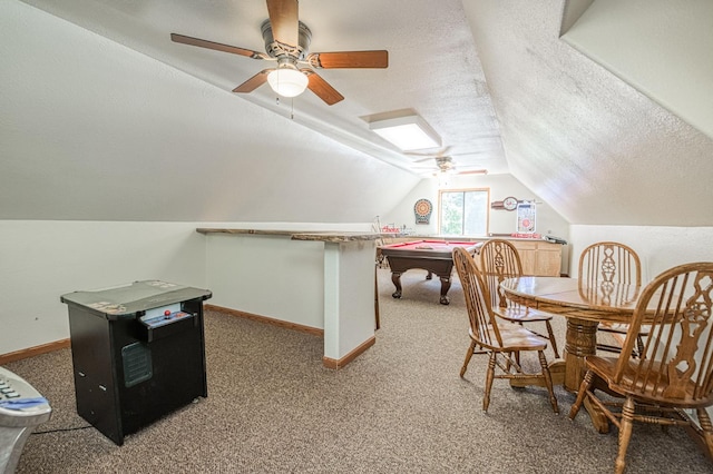 41798 Saddleback Rd, Shaver Lake, CA 93664 - rec room with billiards table, vaulted ceiling, a ceiling fan, a textured ceiling, and carpet flooring