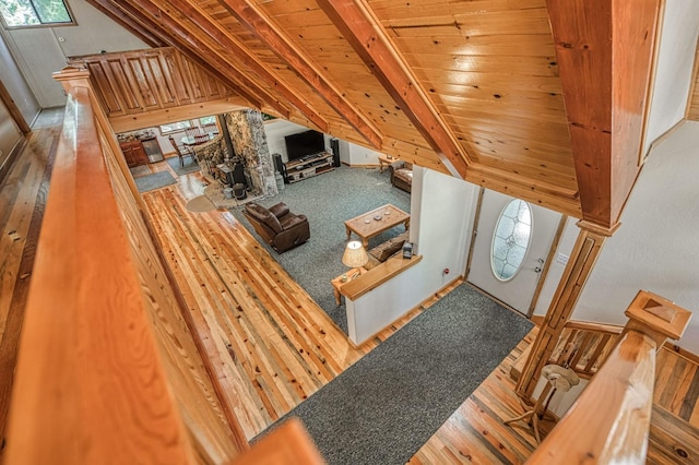 41798 Saddleback Rd, Shaver Lake, CA 93664 - living room featuring wooden ceiling, wood finished floors, vaulted ceiling, and decorative columns