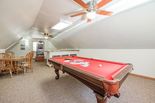 41798 Saddleback Rd, Shaver Lake, CA 93664 - recreation room featuring carpet floors, a ceiling fan, vaulted ceiling, and pool table