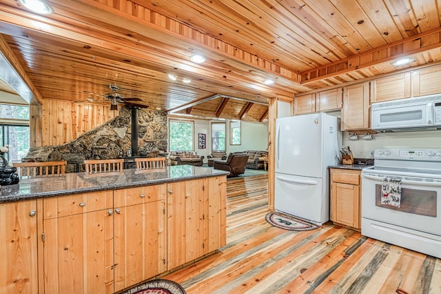 41798 Saddleback Rd, Shaver Lake, CA 93664 - kitchen featuring white appliances, a wood stove, wooden ceiling, light wood finished floors, and dark stone counters