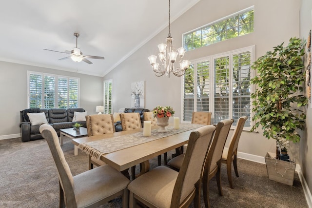 7310 N Katy Ave, Fresno, CA 93722 - dining area with carpet floors, ceiling fan, a chandelier, high vaulted ceiling, and ornamental molding