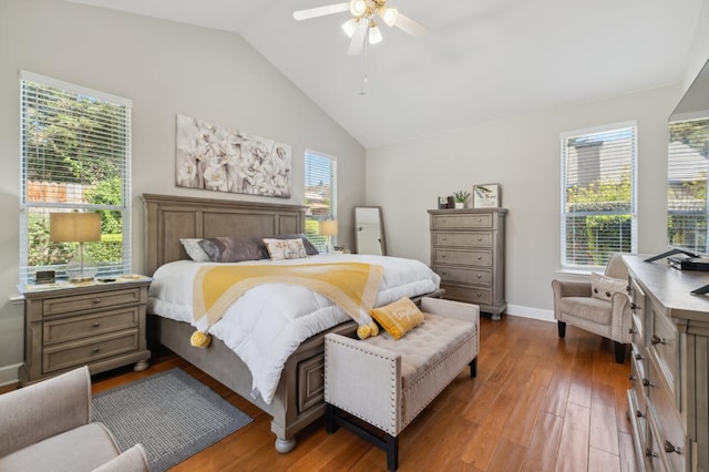 7310 N Katy Ave, Fresno, CA 93722 - bedroom with hardwood / wood-style floors, vaulted ceiling, and ceiling fan
