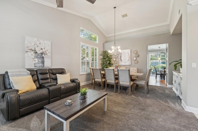 7310 N Katy Ave, Fresno, CA 93722 - living room with a chandelier, carpet, high vaulted ceiling, and crown molding