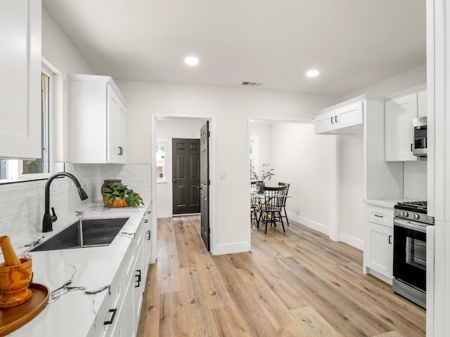 3644 E Illinois Ave, Fresno, CA 93702 - kitchen with appliances with stainless steel finishes, backsplash, white cabinets, light wood-type flooring, and recessed lighting