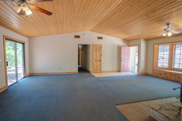 38475 Sierra Lakes Dr, Oakhurst, CA 93644 - unfurnished living room with ceiling fan, wooden ceiling, carpet flooring, and lofted ceiling