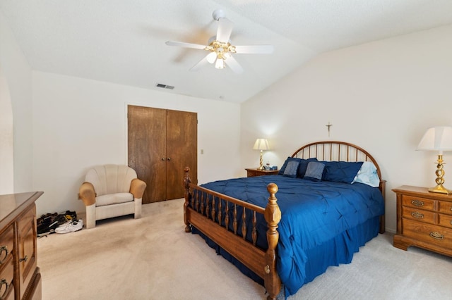 1059 E Fallbrook Ave, Fresno, CA 93720 - bedroom featuring light carpet, lofted ceiling, ceiling fan, and a closet