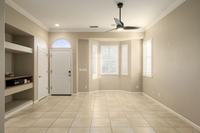 3613 Utah Ln, Clovis, CA 93619 - entryway featuring crown molding, a ceiling fan, light tile patterned flooring, and recessed lighting
