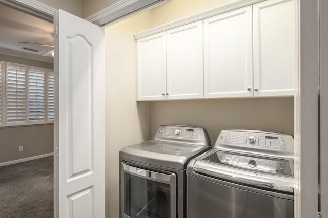 3613 Utah Ln, Clovis, CA 93619 - laundry room featuring cabinet space, separate washer and dryer, and carpet flooring